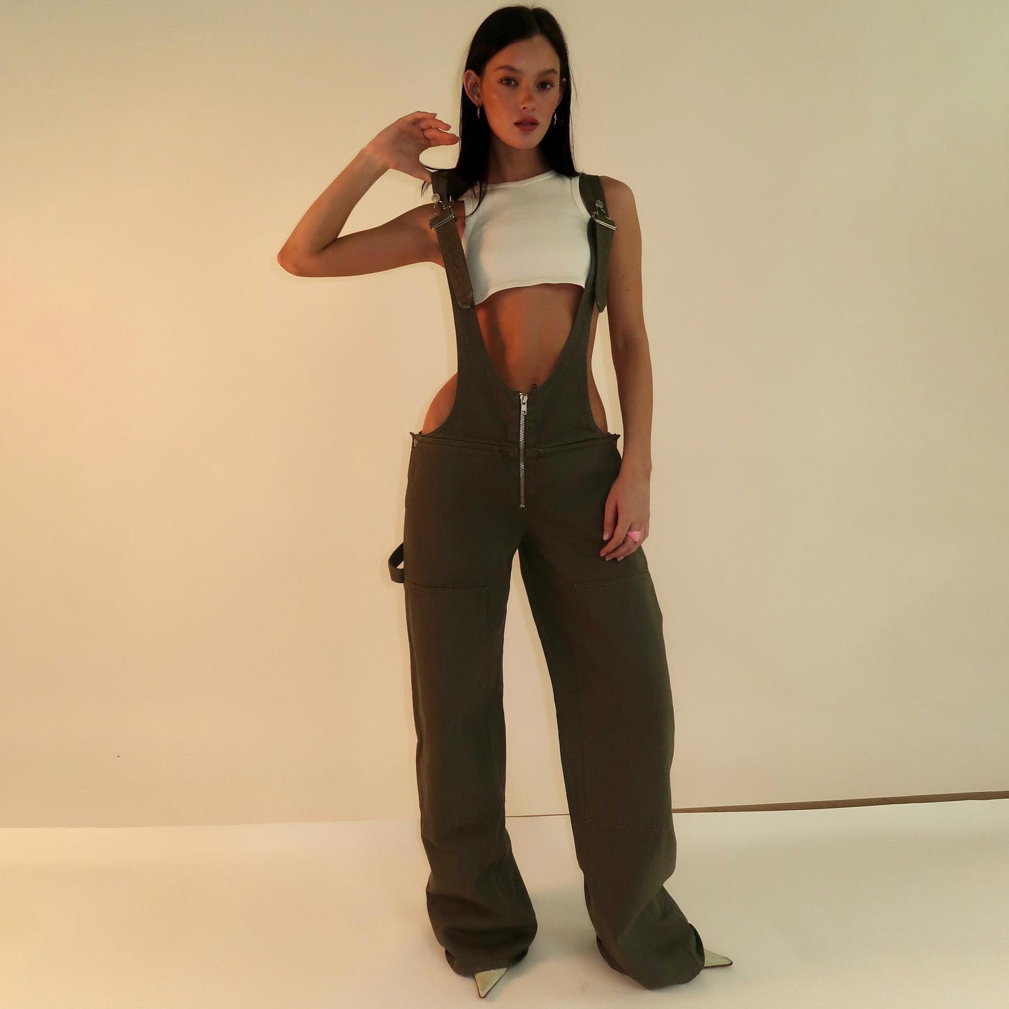 Y2K Zipper Denim Overalls With Pockets Fashion Loose Pants
