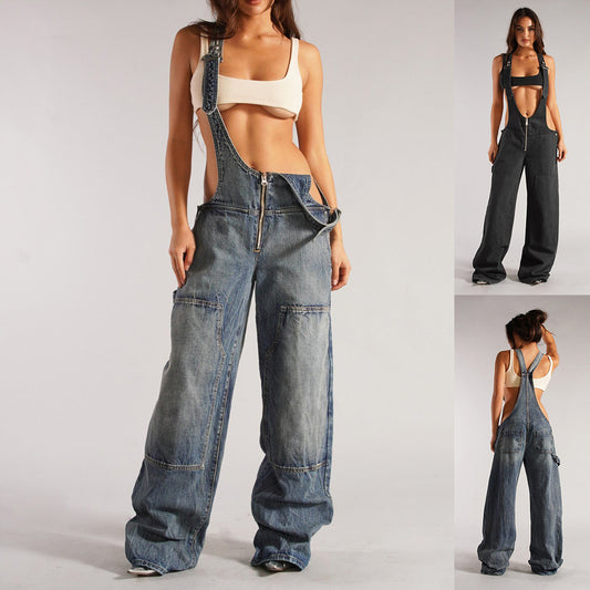 Y2K Zipper Denim Overalls With Pockets Fashion Loose  Pants