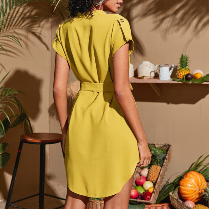 V-neck Short Sleeve Dress With Belt