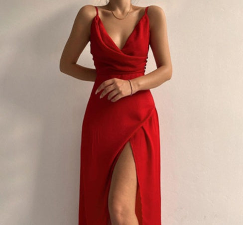 V-neck Slit Sling Dress Summer Fashion Sexy Slim