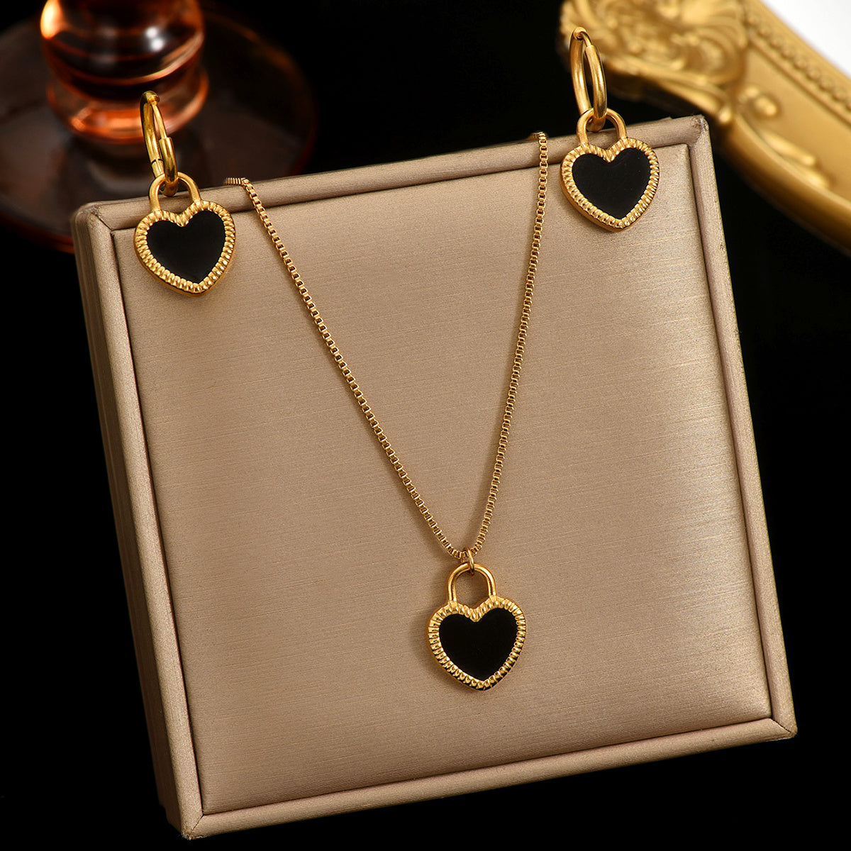 Lxalry 18K Gold Plated Stainless Steel Heart Mirror Jewelry Set