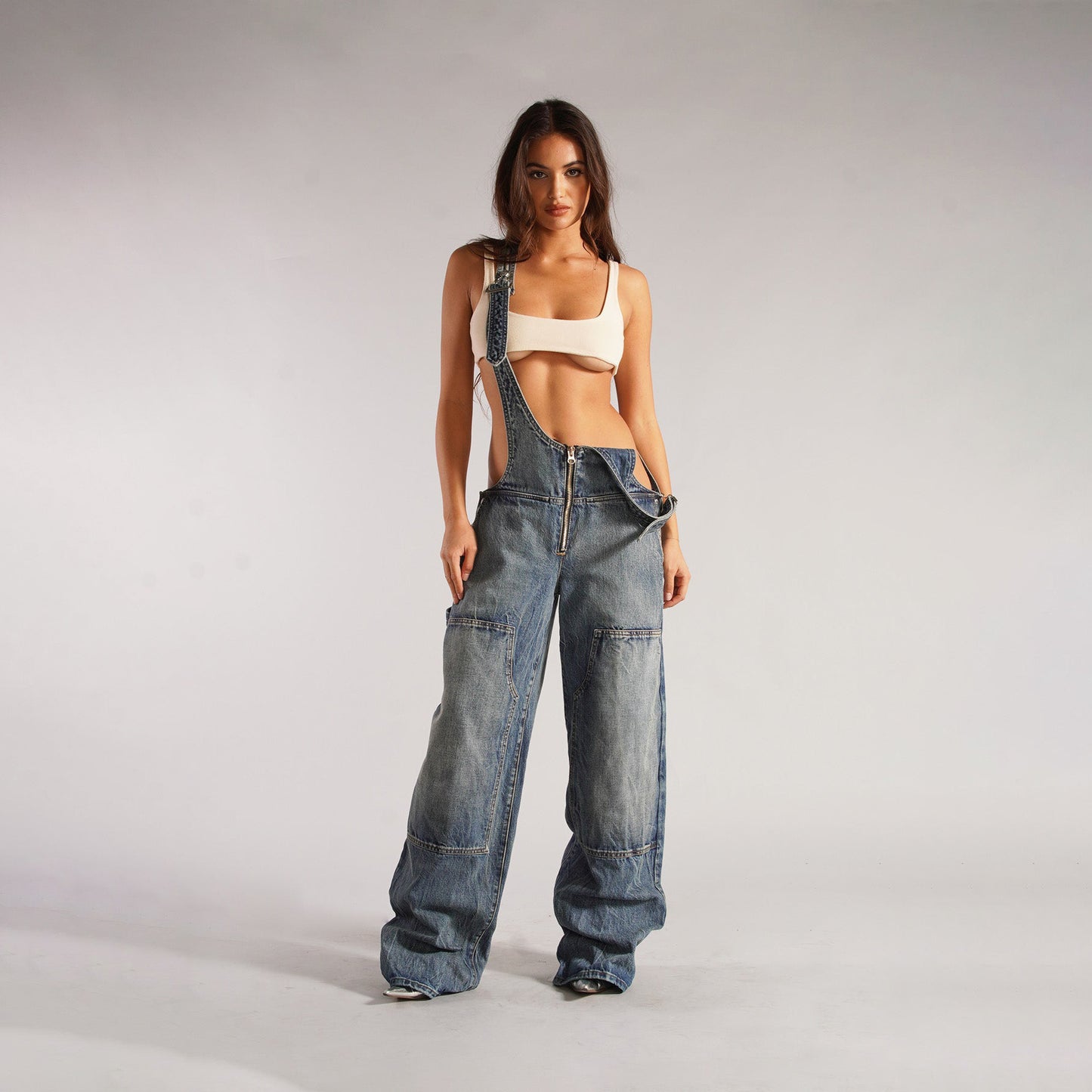 Y2K Zipper Denim Overalls With Pockets Fashion Loose Pants