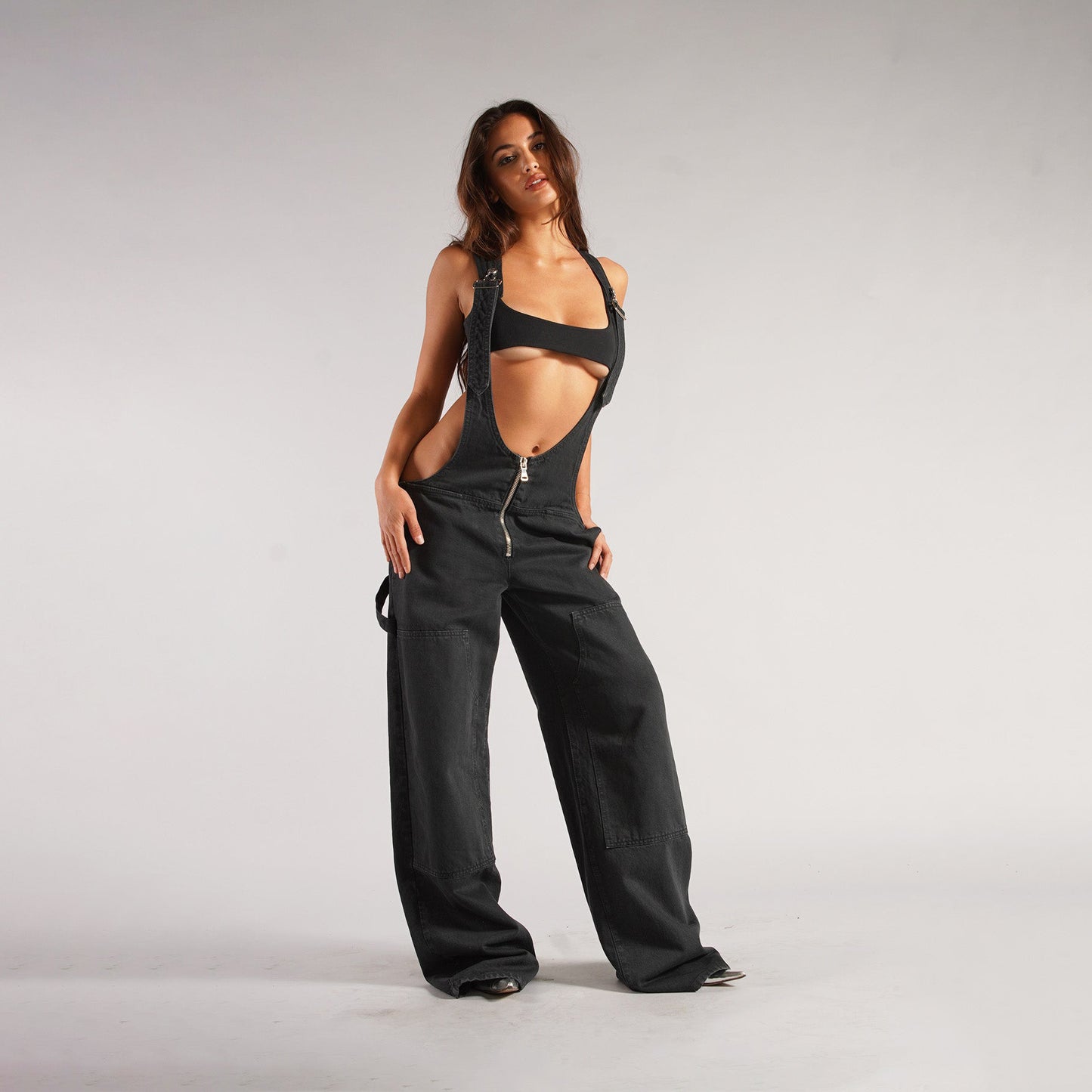 Y2K Zipper Denim Overalls With Pockets Fashion Loose Pants