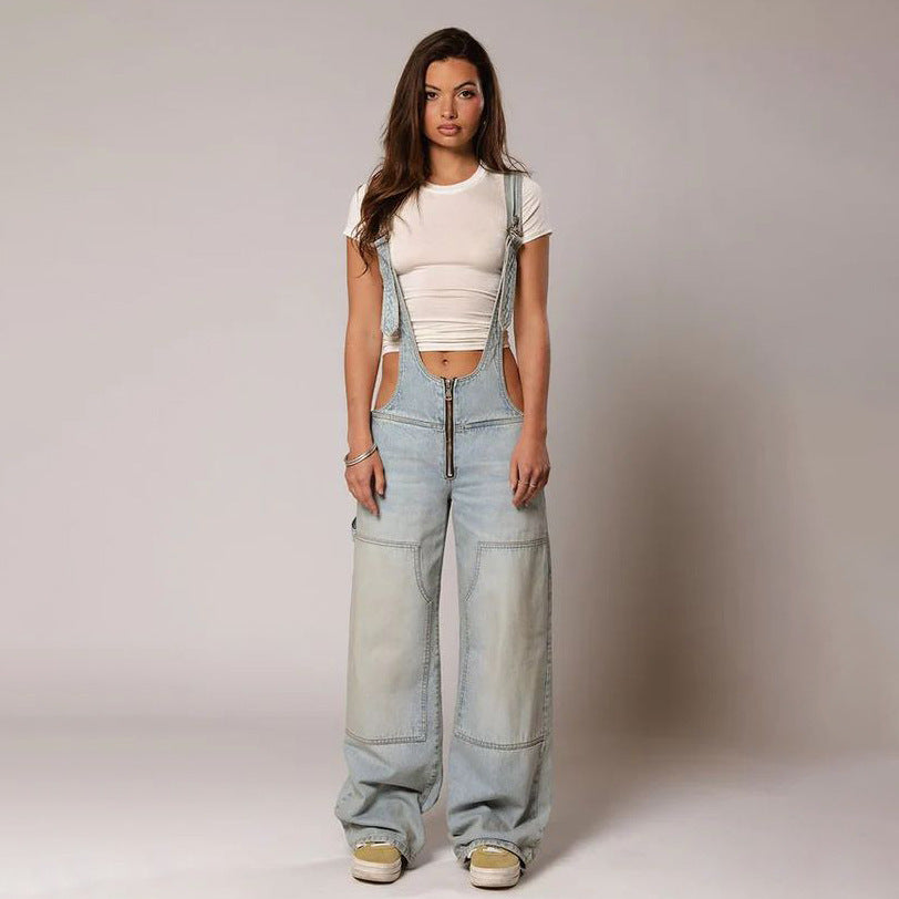 Y2K Zipper Denim Overalls With Pockets Fashion Loose  Pants
