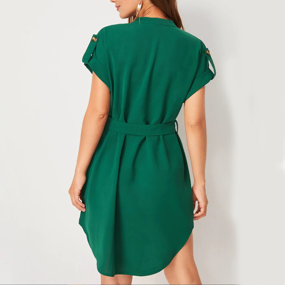 V-neck Short Sleeve Dress With Belt